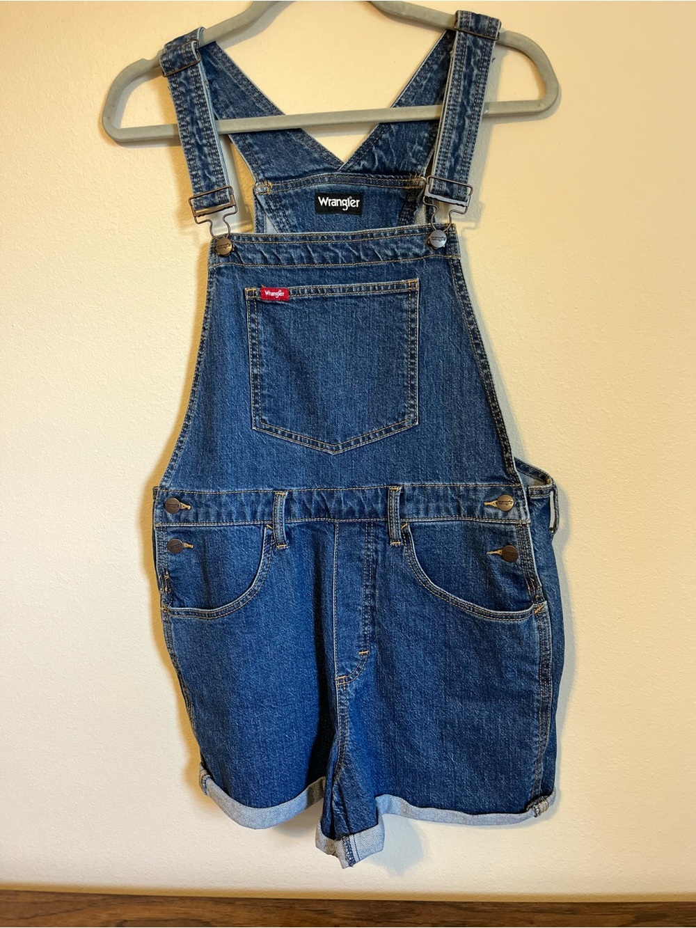 Women’s Wrangler Denim Shortalls in Blue with rolled cuff hem